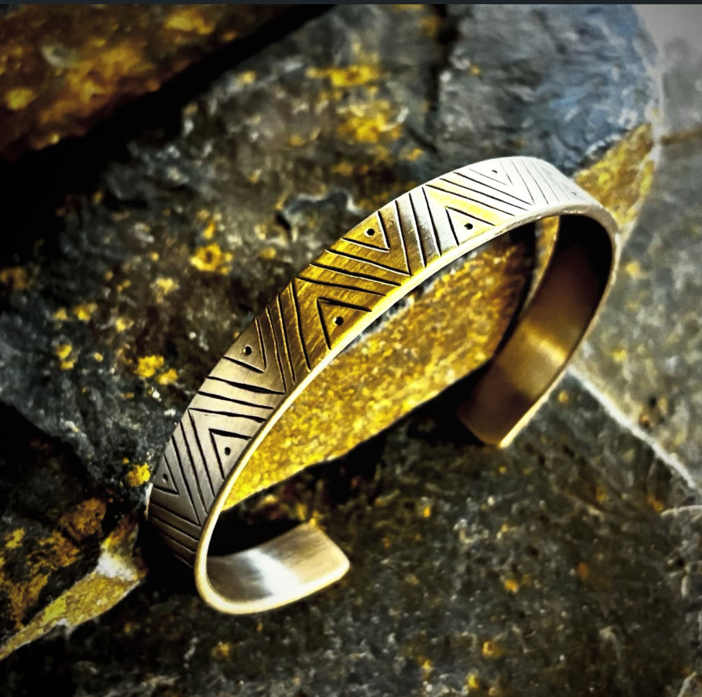 Geometric Viking Hand Engraved Brass Cuff